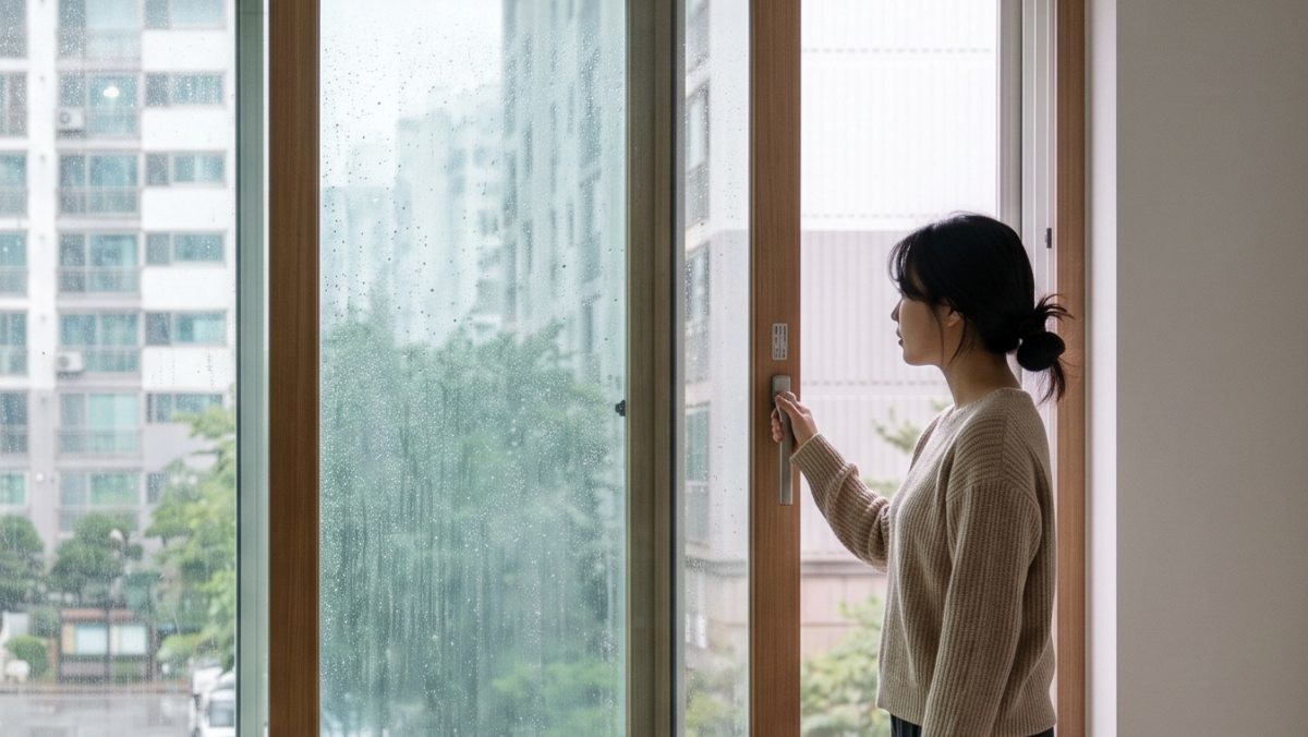 비 오는 날 실내 환기를 시키고 싶은 사람. AI툴로 생성한 자료사진.