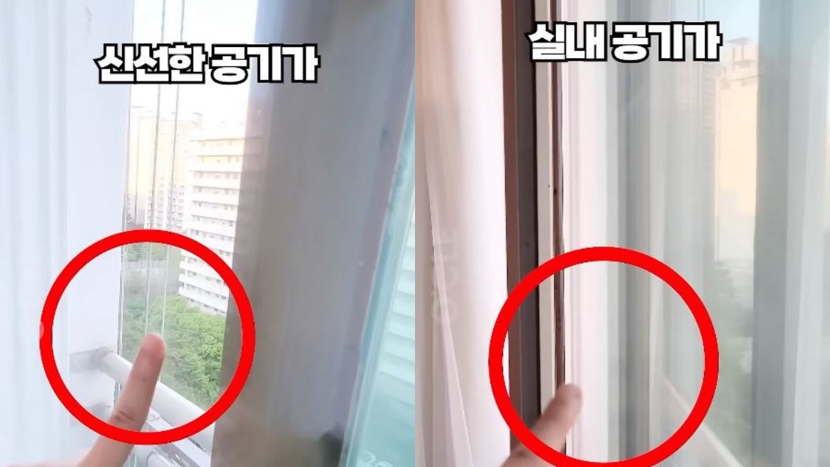 한 쪽 창은 바깥쪽 창문만 열고 반대쪽은 안 쪽 창문만 열어 환기한다. 이렇게 환기하면 한 쪽으로는 신선한 공기가 들어오고 다른 한 쪽은 실내 공기가 빠져나가면서 빗물은 막고 공기만 자연스럽게 순환된다. / 유튜브 '살림연구소 오클'