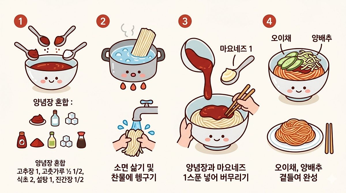 [삽화] 마요네즈 비빔국수 레시피. AI 제작.