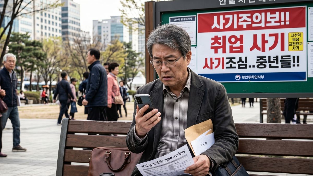 비대면 온라인 일자리가 늘어나는 만큼, 정보 취약층인 시니어를 겨냥한 재택 알바 사기도 함께 급증하고 있는 상황. 기사 내용 토대로 AI툴 활용해 제작한 자료사진.