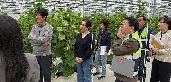 함평군 농업기술센터 관계자들이 지난 21일 함평군 엄다면 소재 시설하우스 농가를 방문해 라남도농업기술원과 함께 농작업 안전재해예방 현장지원을 실시했다. / 함평군