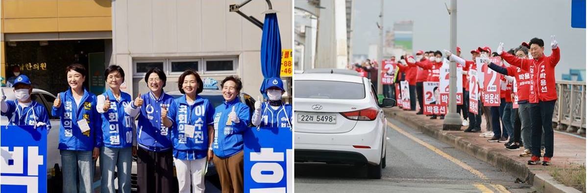 6.3지방선거 본선거운동이 시작된 가운데 포항시장 선거에서는 박희정 더불어민주당 후보가 여성 국회의원들의 지원을(왼쪽), 국민의힘 박용선 후보는 포스코 퇴직자들의 지원을 받으며 현장 유세에 나섰다./각 후보 측 제공