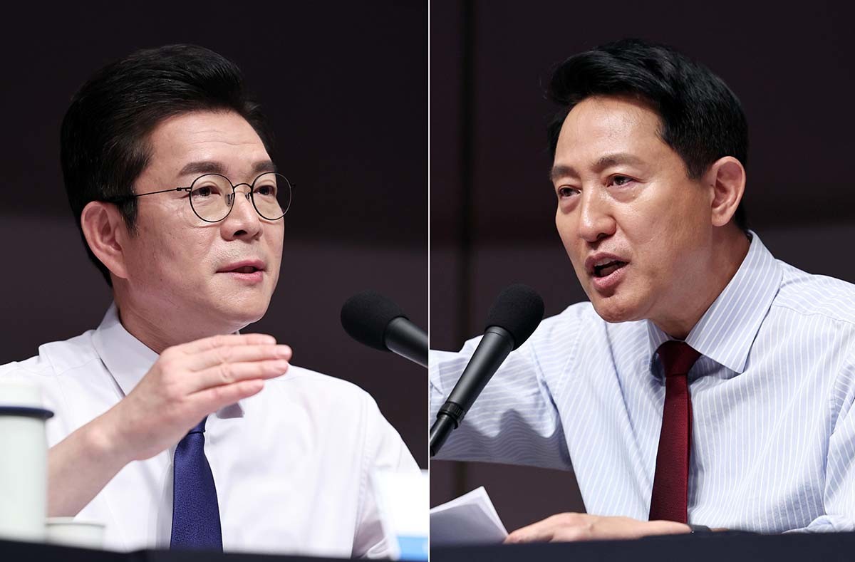 정원오 더불어민주당 서울시장 후보(왼쪽)와 오세훈 국민의힘 서울시장 후보가 20일 오전 서울 중구 한국프레스센터에서 열린 관훈클럽 초청 토론회에서 각각 발언하고 있다. / 뉴스1