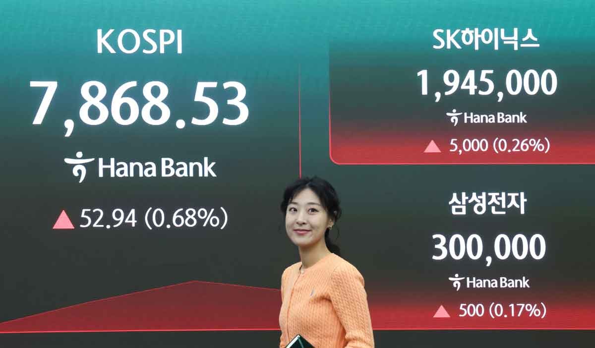 삼성전자 주가가 30만원을 돌파한 22일 오전 서울 중구 하나은행 본점 딜링룸 전광판에 코스피 지수와 SK하이닉스, 삼성전자 주가가 표시되고 있다. 이날 코스피는 전 거래일 대비 57.53포인트(0.74%) 상승한 7873.12에 거래를 시작했다. / 뉴스1