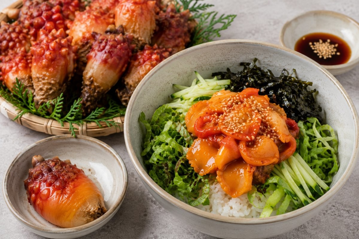 멍게와 멍게비빔밥 / 기사 내용을 바탕으로 제작한 AI 이미지. 실제 모습과 다소 차이가 있을 수 있습니다
