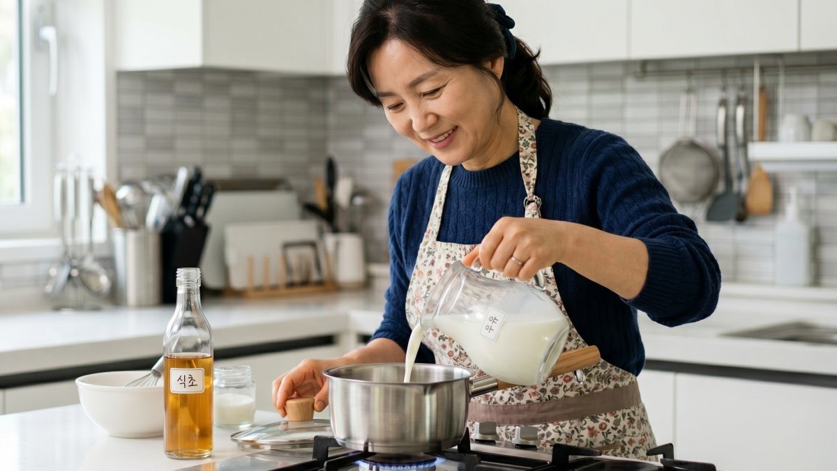 우유와 식초로 치즈를 만드려는 모습. 기사 이해를 돕기 위해 AI가 생성한 자료사진.