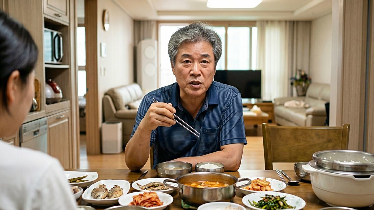 밥상 위에서 어떤 말을 남기고 있는 중년의 모습. 기사 내용 토대로 AI툴 활용해 제작한 자료사진.