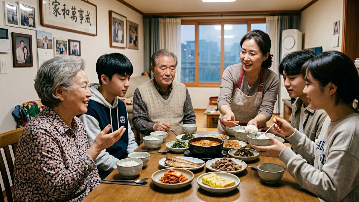 밥상 앞에서 자유롭게 대화 중인 가족. 기사 내용 토대로 AI툴 활용해 제작한 자료사진.