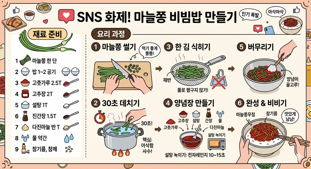 [인포그래픽] SNS 레시피를 기반으로 재구성한 '마늘쫑 비빔밥' 레시피 인포그래픽 이미지. AI로 생성됐습니다.