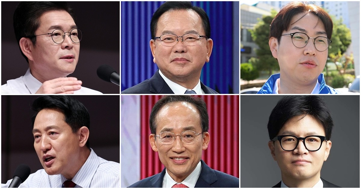 (왼쪽 위부터 시계방향으로) 정원오 더불어민주당 서울시장 후보, 김부겸 민주당 대구시장 후보, 하정우 민주당 부산북구갑 보궐선거 후보, 한동훈 무소속 부산북구갑 보궐선거 후보, 추경호 국민의힘 대구시장 후보, 오세훈 국민의힘 서울시장 후보. / 뉴스1