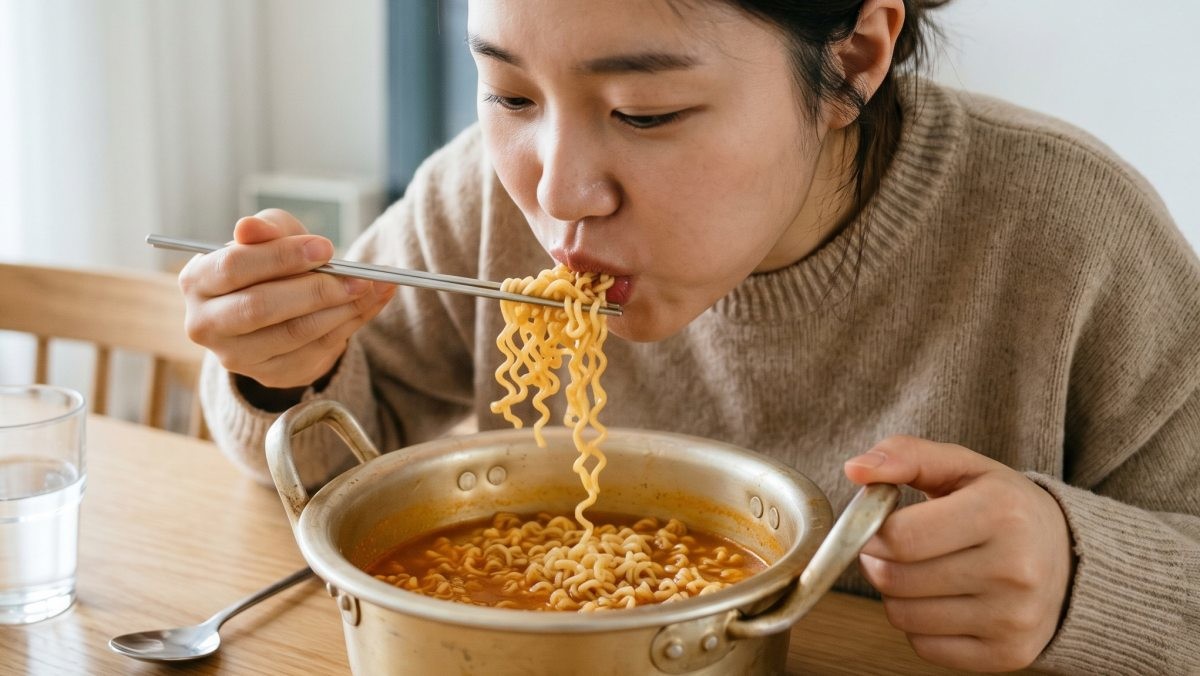 라면의 면을 끓는 물에 넣은 모습. AI가 생성한 자료사진.