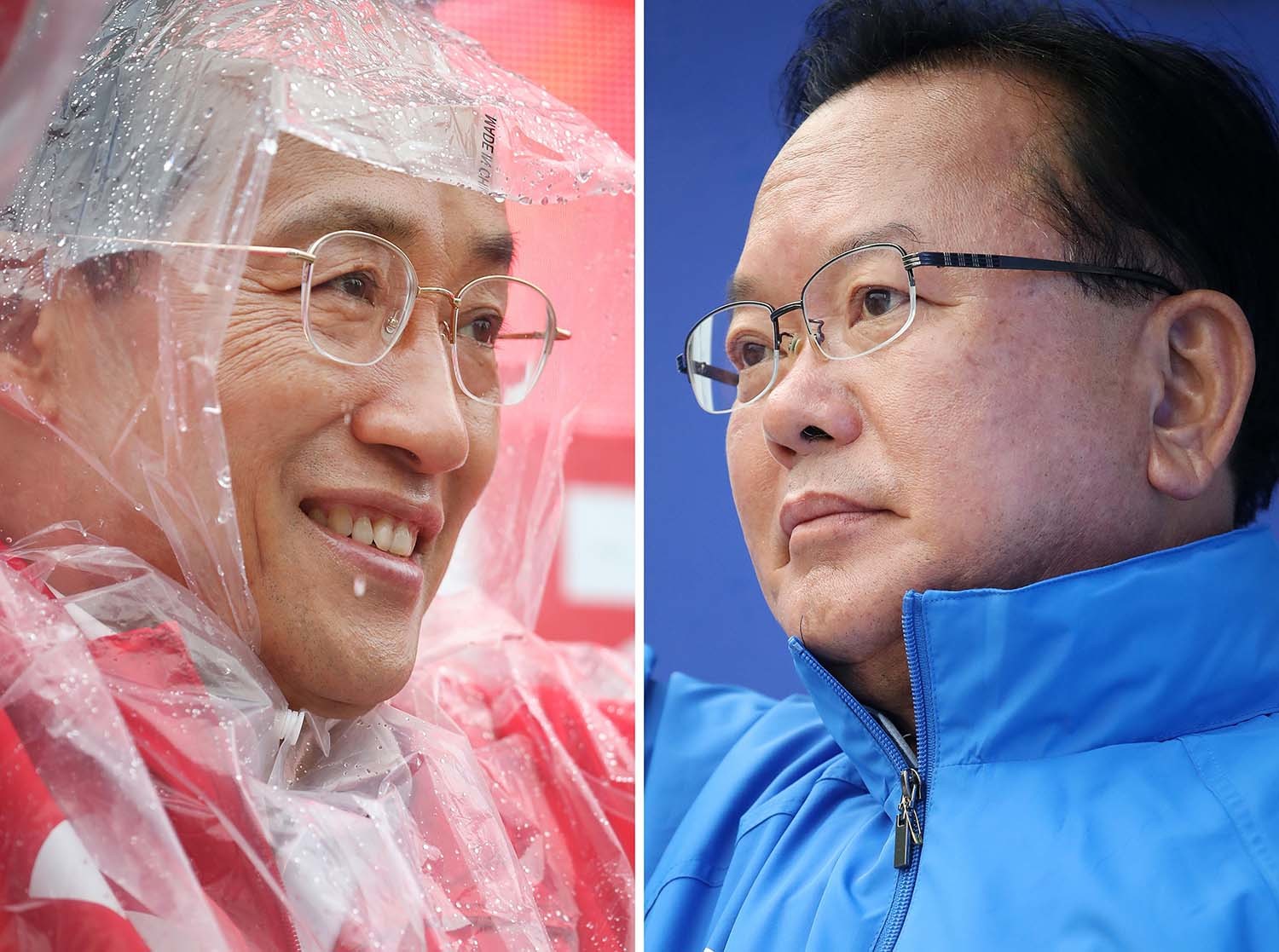 추경호 국민의힘 대구시장 후보(왼쪽)가 27일 오전 대구 북구 팔달교 앞에서 출근길 시민들을 향해 인사하고 있다. 같은 날 오전 김부겸 더불어민주당 대구시장 후보는 북구 태전네거리에서 아침 인사를 하고 있다. / 뉴스1