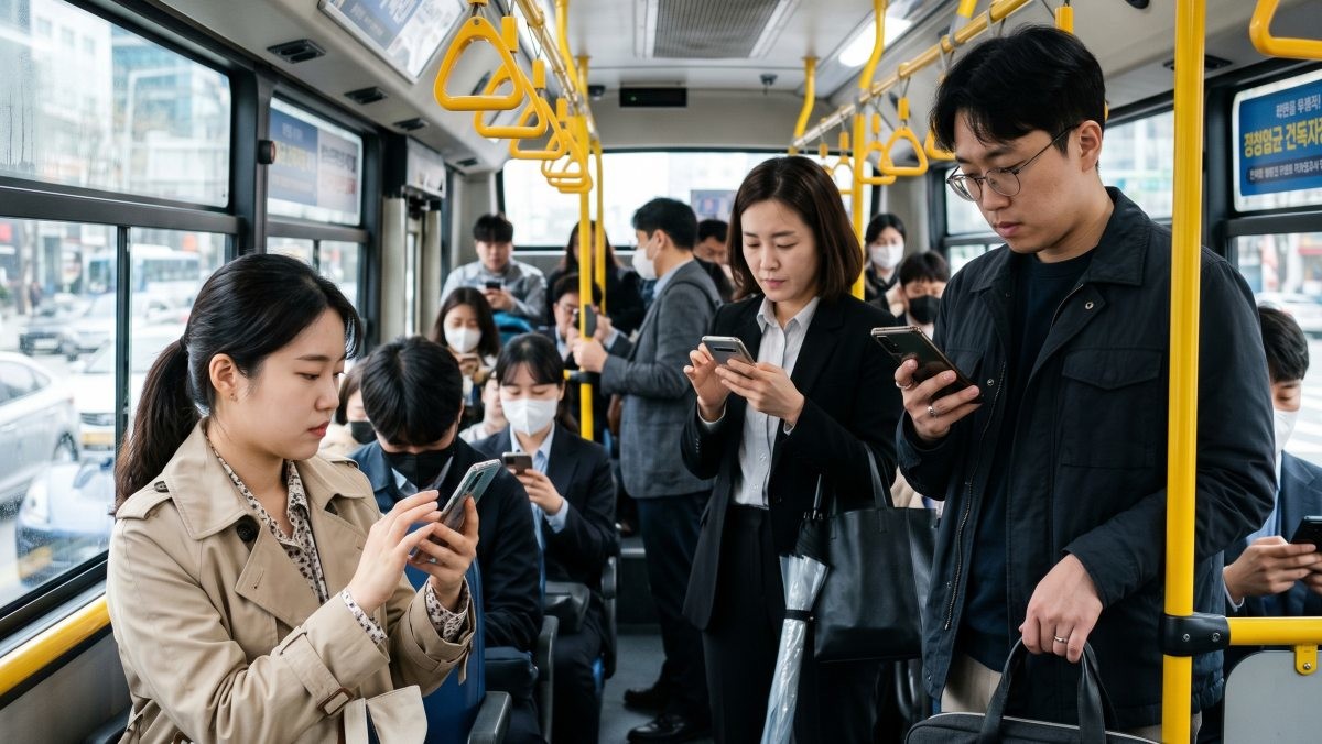 출근길, 대중교통에서 스마트폰을 사용하는 사람들의 모습. AI가 생성한 자료사진.