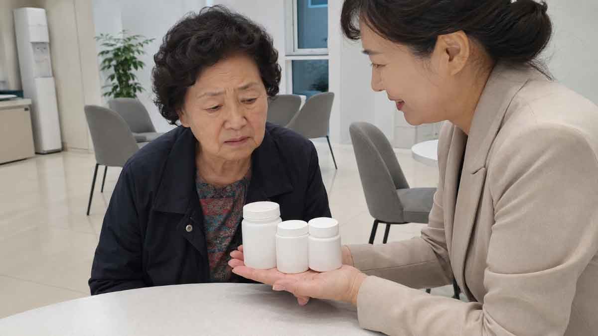 건강식품 판매장에서 설명을 듣고 있는 60대 여성. 기사 이해를 돕기 위해 AI로 생성한 이미지. / 위키트리