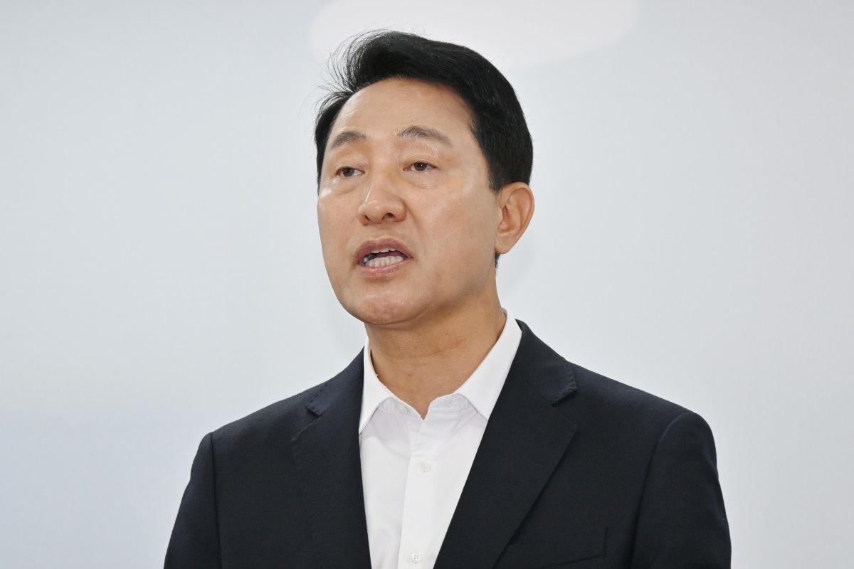 28일 오세훈 국민의힘 서울시장 후보가 중구 선거사무실에서 열린 기자간담회에서 발언하고 있다. / 공동취재-뉴스1