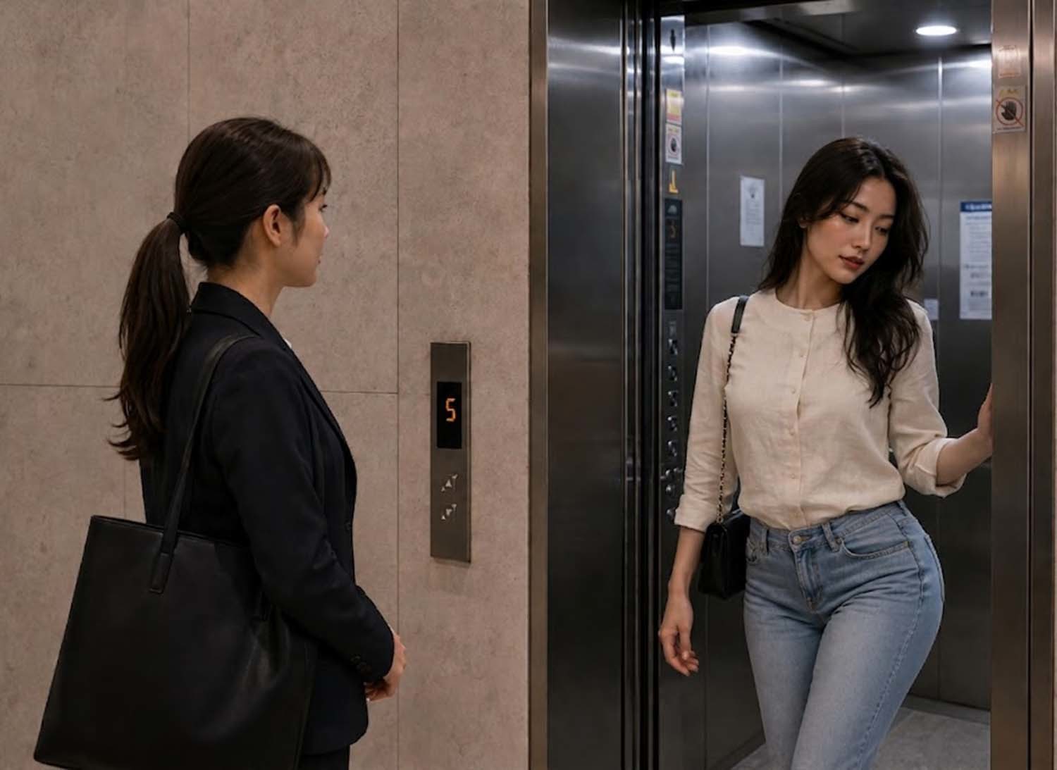 반차를 내고 귀가했더니 집 안에서 엘리베이터 앞에서 마주친 여성에게서 난 향기가 났다는 내용의 사연이 직장인 익명 커뮤니티에 올라왔다. 여성이     글에 대한 이해를 돕기 위해 AI 툴로 만든 사진.