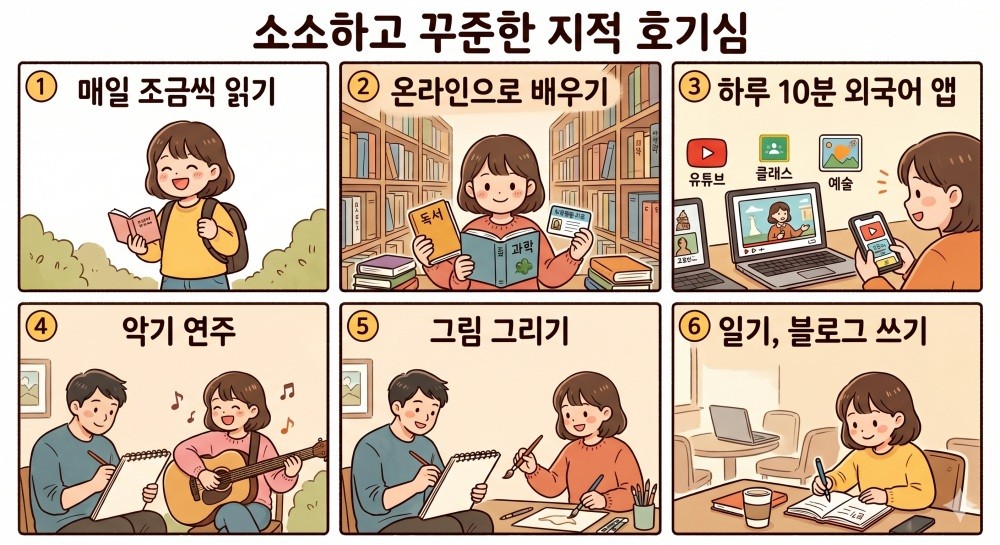 [만화] 지적 호기심을 높이는 다양한 활동 예시. AI로 생성됨