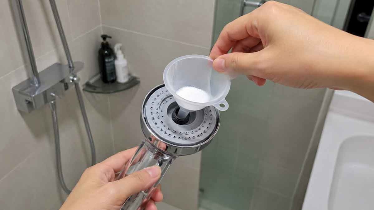 과탄산소다를 샤워기 호스에 넣는 모습. / 위키트리