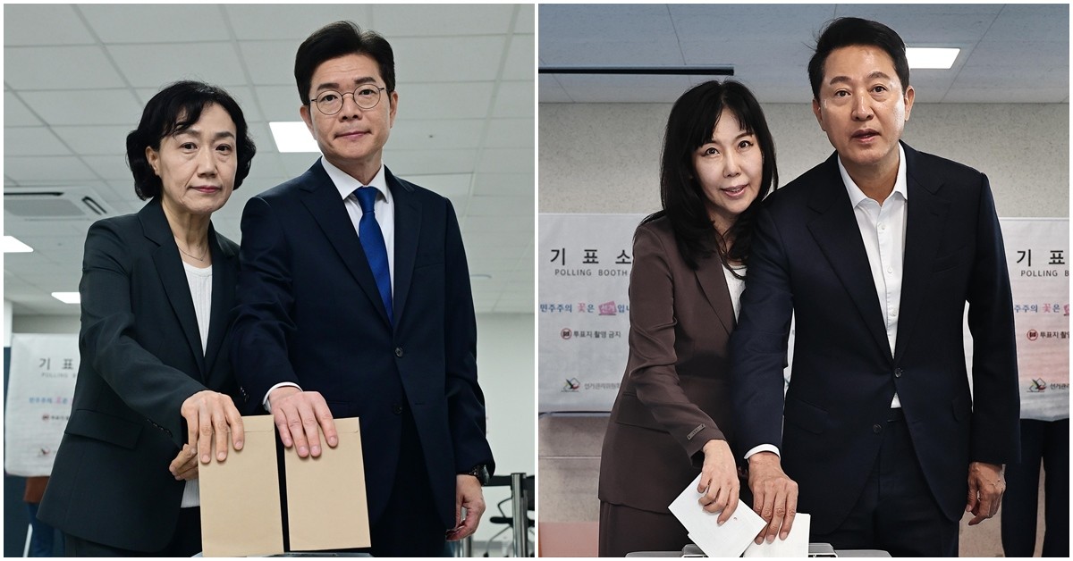 29일 사전투표하는 정원오 더불어민주당 서울시장 후보 부부(왼쪽)와 오세훈 국민의힘 서울시장 후보 부부. / 뉴스1