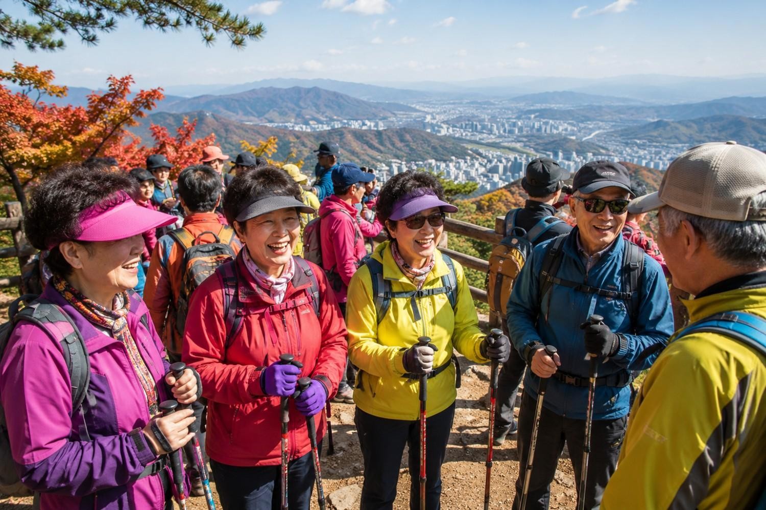 가을 단풍이 물든 산 정상 전망대에서 등산을 마친 한국 어르신들이 밝은 표정으로 대화를 나누고 있다. / AI가 생성한 자료사진