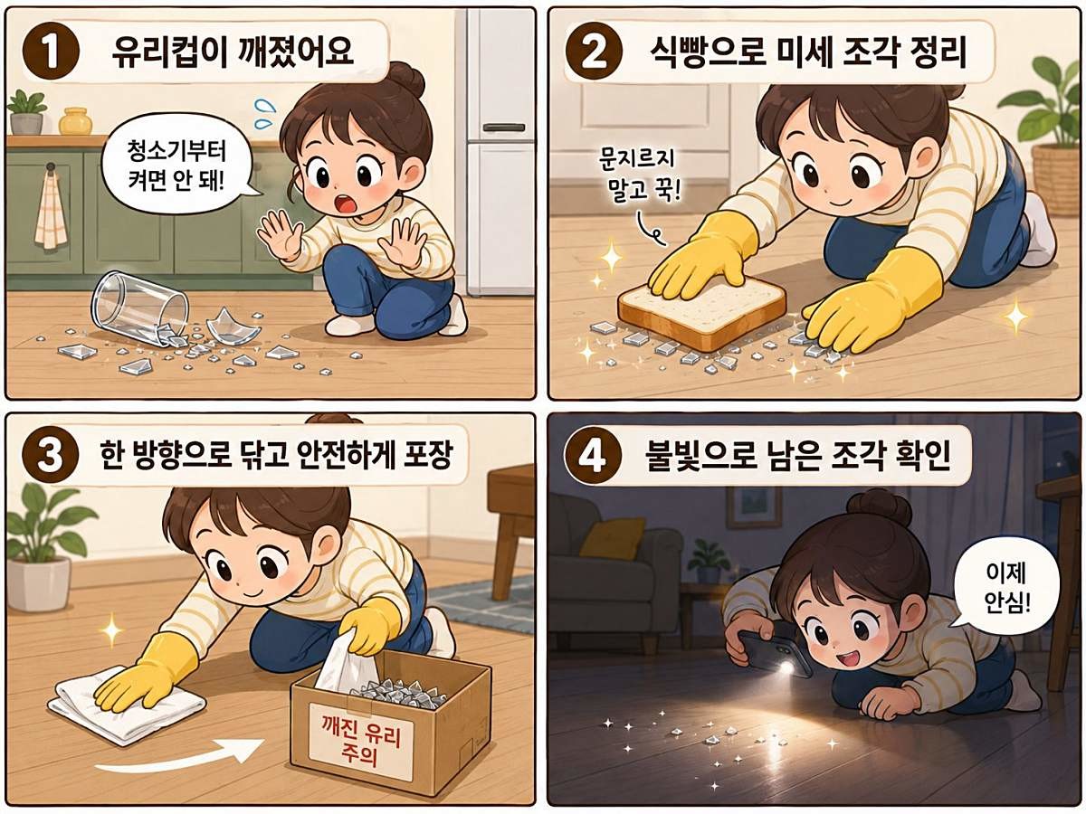 [삽화] 유리 깨졌을 때 청소법. AI 제작.