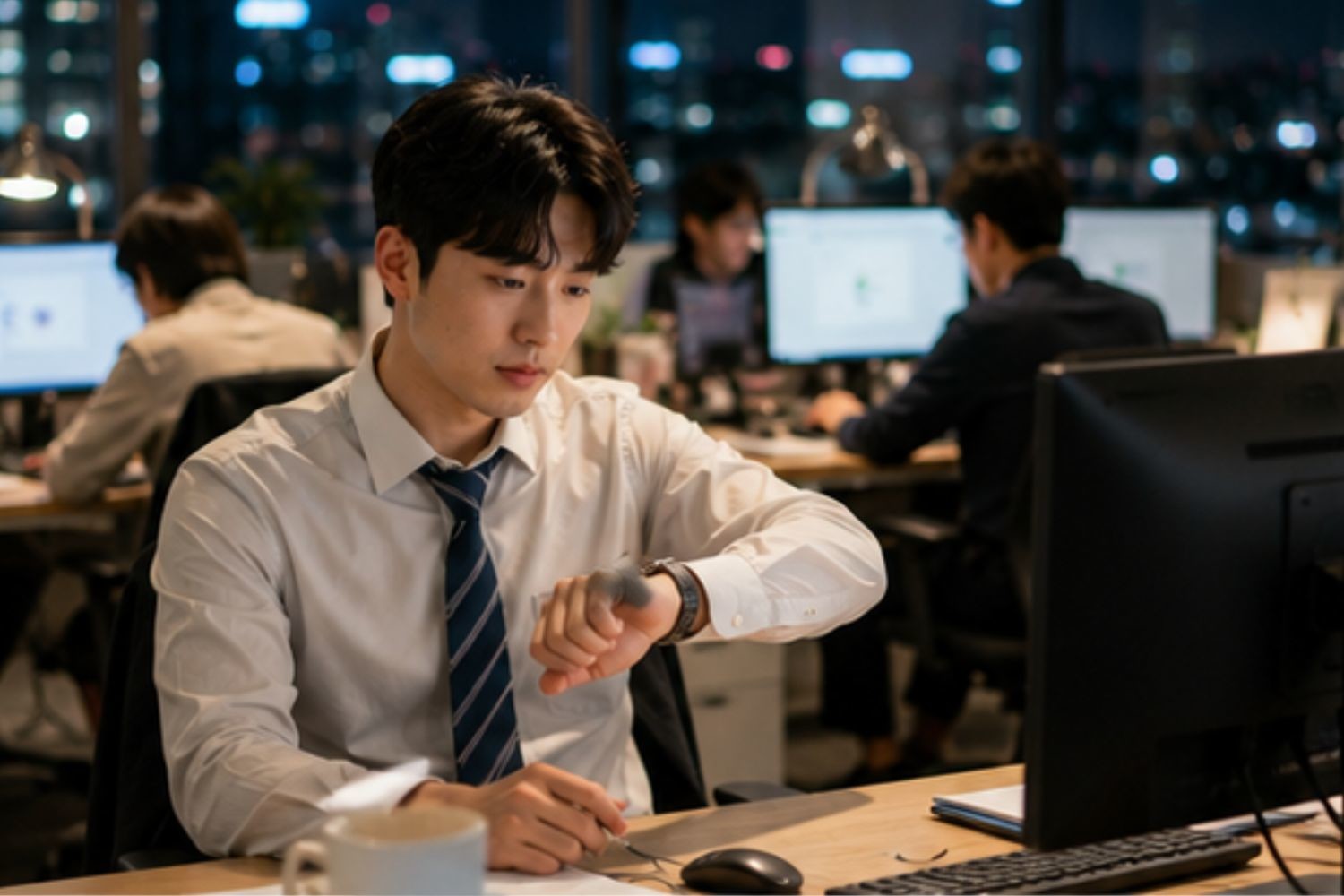 업무는 끝났지만 쉽게 자리를 뜨지 못하는 한국 직장인의 현실을 보여주는 장면. / AI가 생성한 자료사진