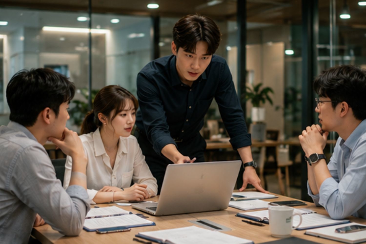 프로젝트 마감과 협업을 위해 함께 회의하는 한국 직장인들의 모습. / AI가 생성한 자료사진