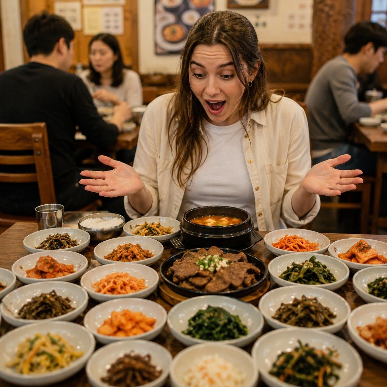 한국 식당에서 다양한 반찬이 한꺼번에 제공되자 놀란 표정을 짓는 외국인 손님. / AI가 생성한 자료사진