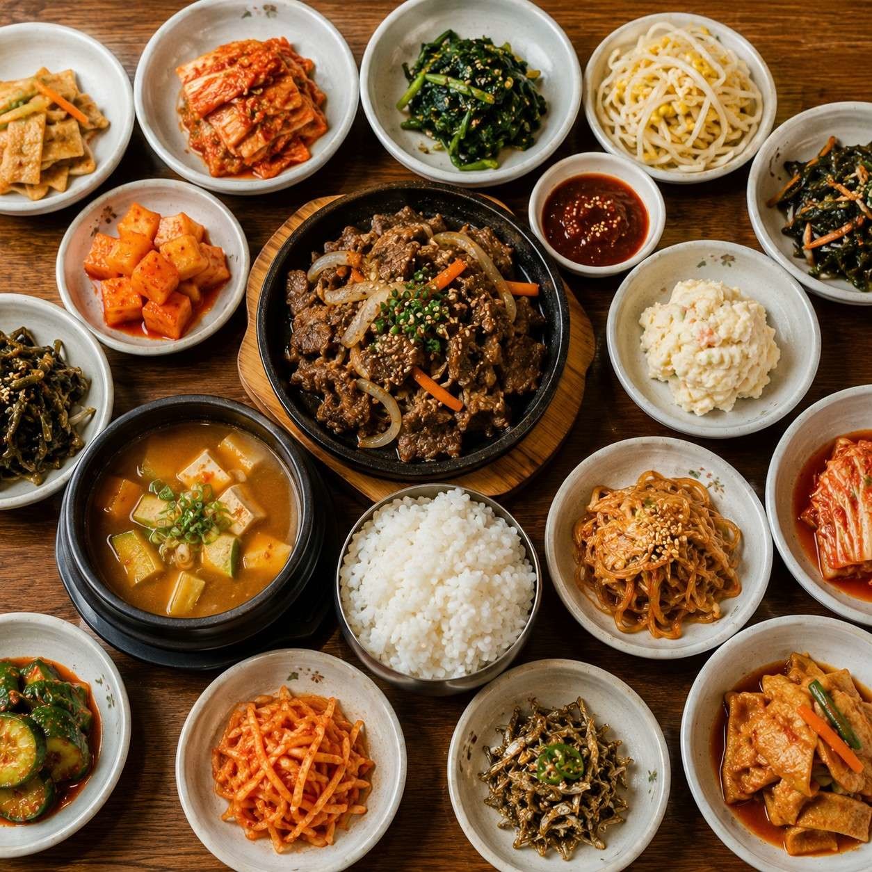 불고기와 된장찌개, 밥, 김치, 나물 등 다양한 반찬이 함께 제공되는 전형적인 한국 식당의 한 상 차림. / AI가 생성한 자료사진