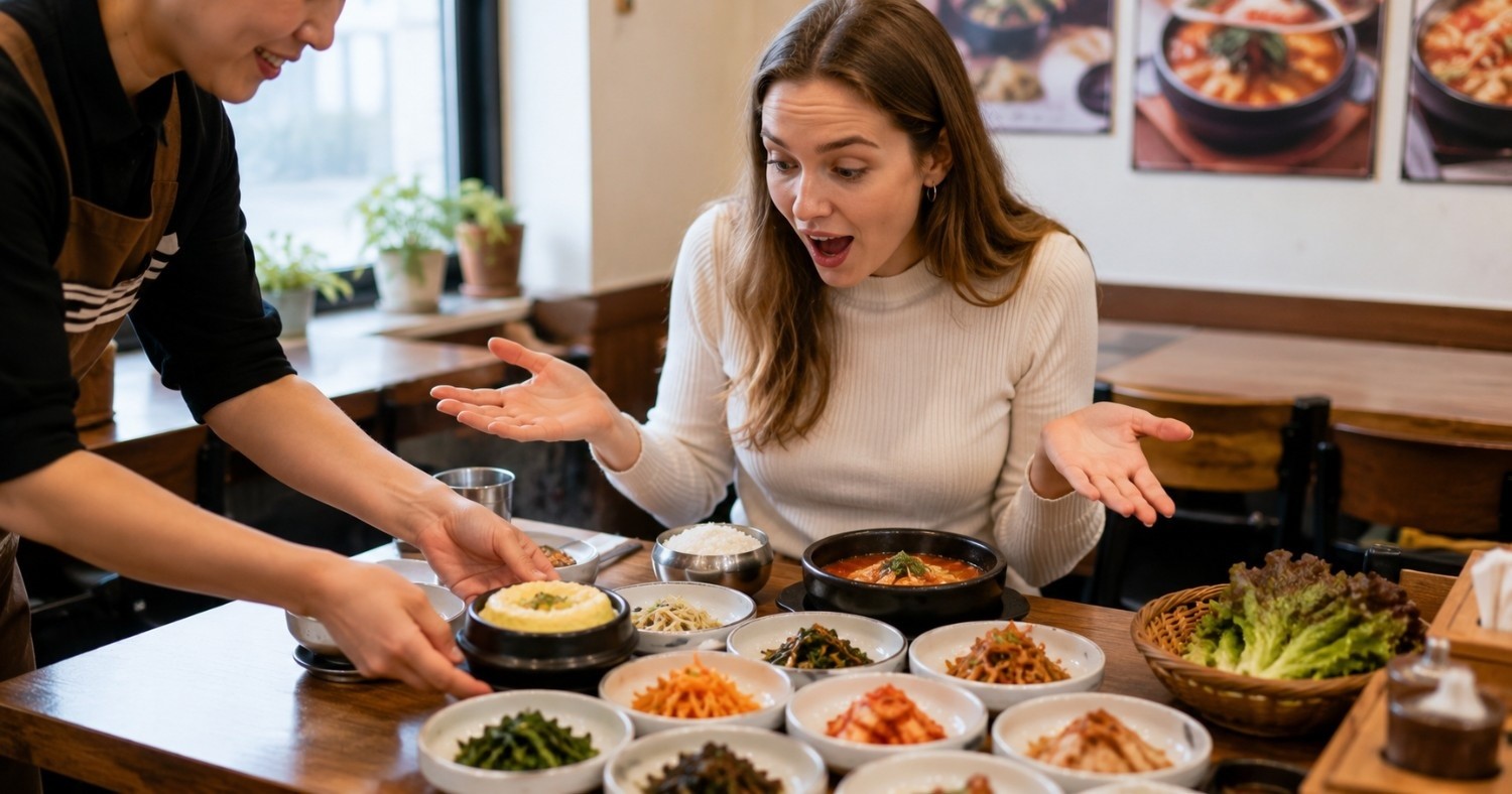 식당 직원이 추가 반찬을 가져다주자 놀란 표정을 짓는 외국인 손님. / AI가 생성한 자료사진