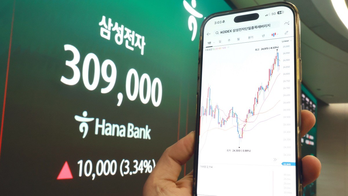 삼성전자와 SK하이닉스가 레버리지 상장지수펀드(ETF)에 출시된 27일 서울 중구 하나은행 딜링룸 현황판에 삼성전자 주가가 표시되고 있다. / 뉴스1