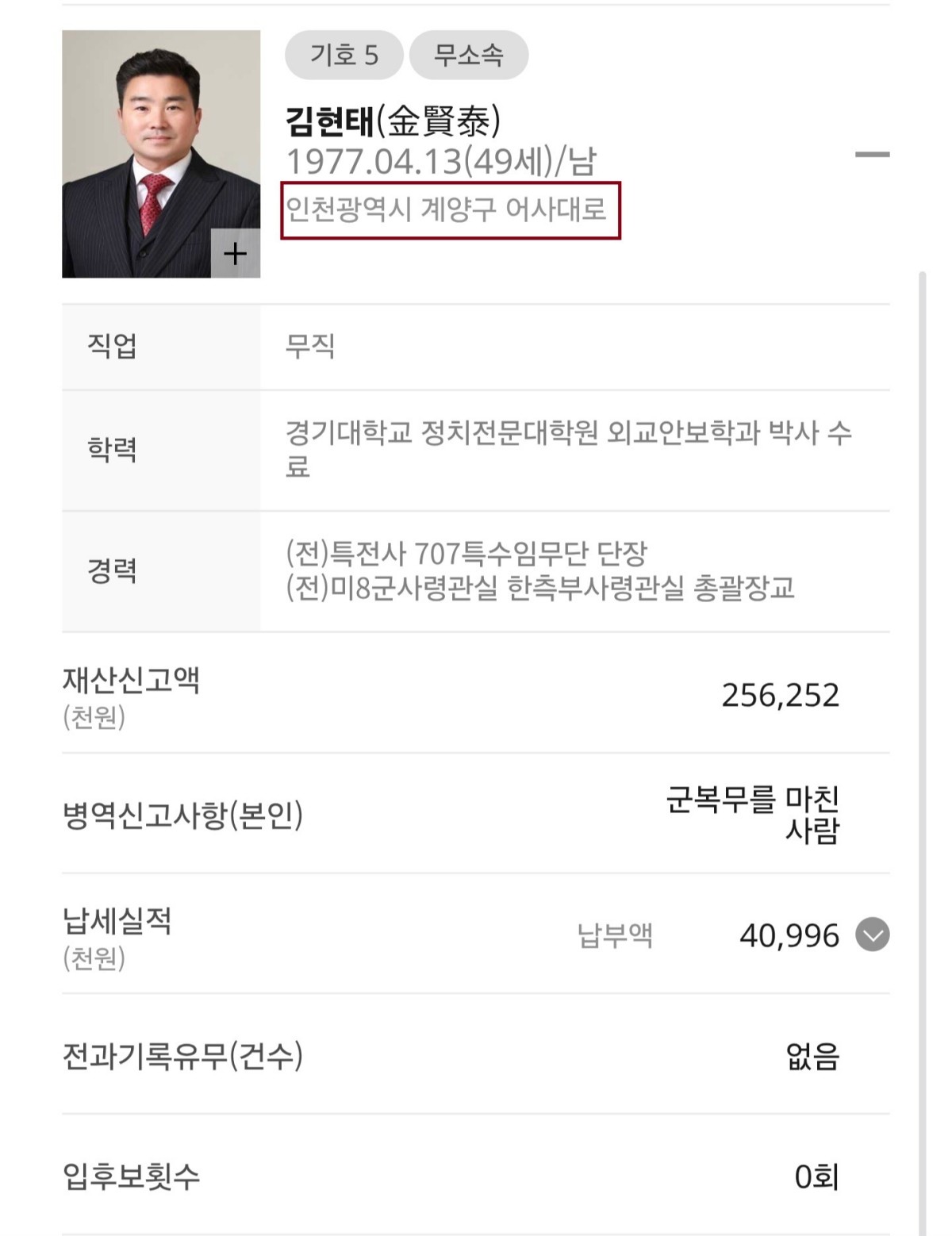 김현태 무소속 인천 계양을 보궐선거 후보자 정보/ 중앙선거관리위원회, 뉴스1