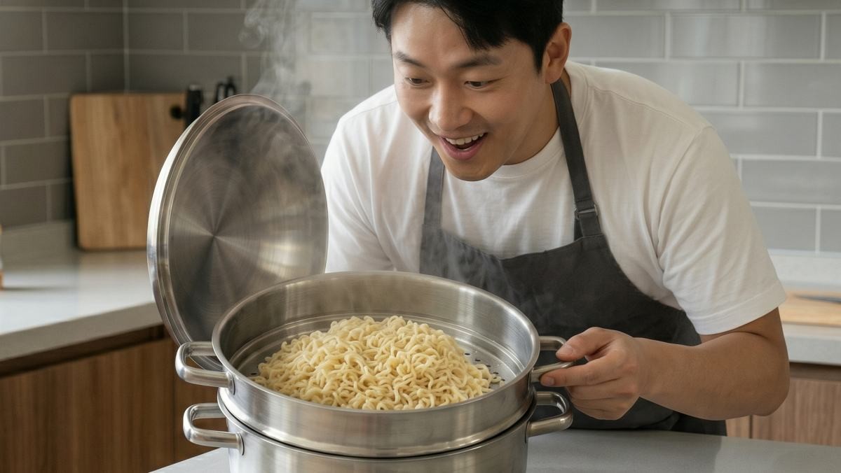 찜기에 맛있게 쪄진 라면. AI가 생성한 자료사진. (실제와 차이가 있을 수 있음을 알립니다.)