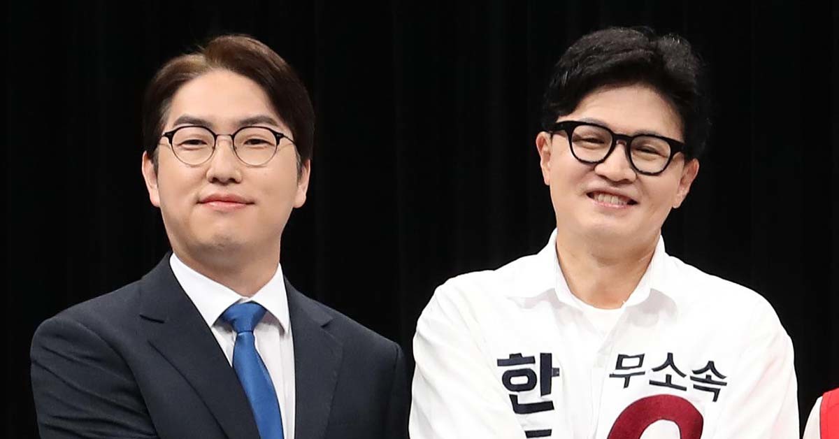 부산 북갑 국회의원 보궐선거에 출마한 하정후 더불어민주당 후보와 한동훈 무소속 후보. / 뉴스1