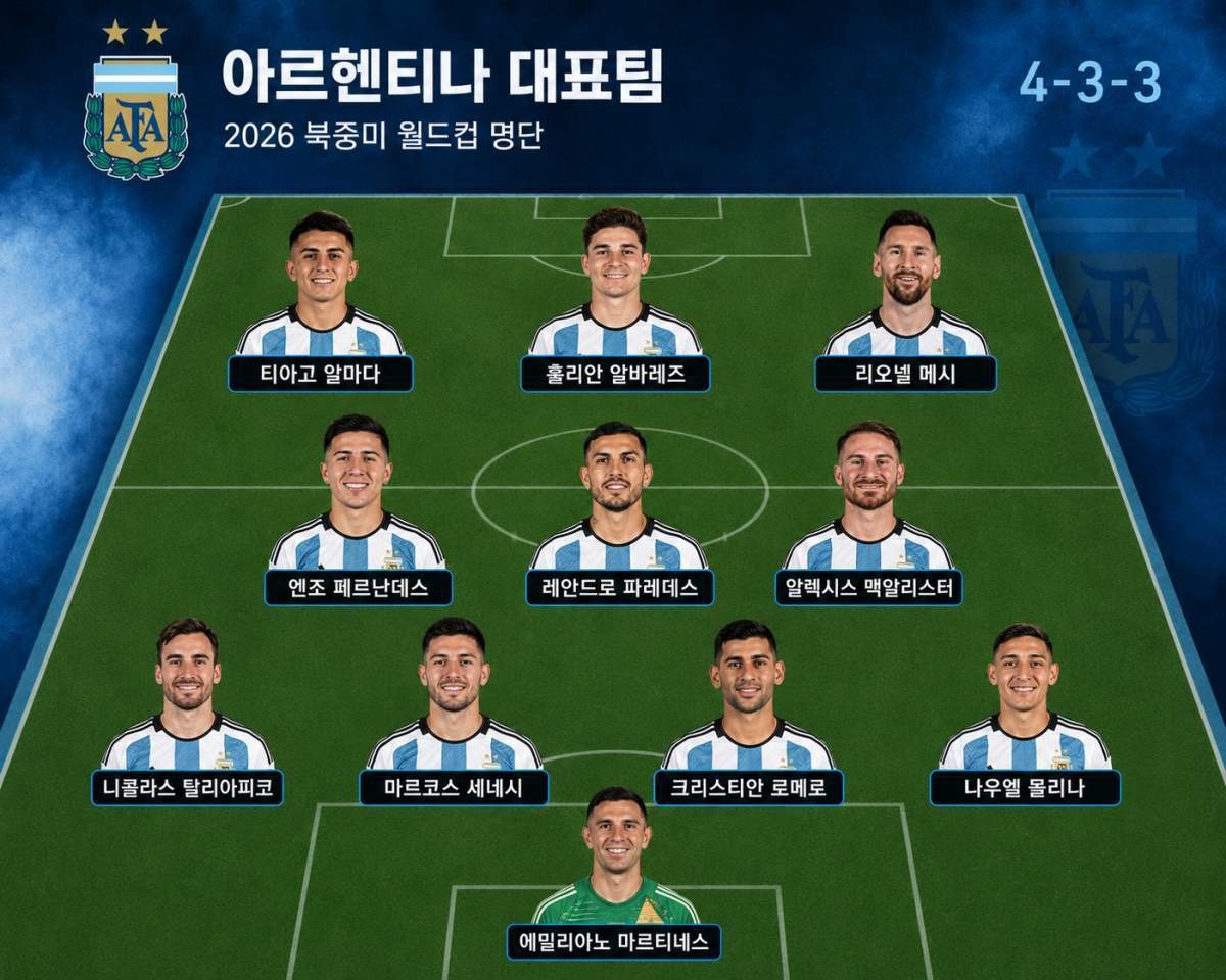 2026 북중미 월드컵 아르헨티나 대표팀 예상 선발 라인업. 왼쪽 수비수는 리산드로 마르티네스(맨체스터 유나이티드)가 선발에 들 가능성 있음. / 위키트리