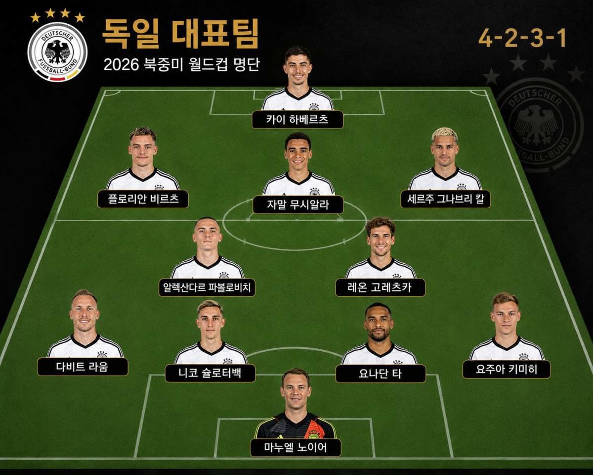 2026 북중미 월드컵 독일 대표팀 예상 선발 라인업. 오른쪽 윙어는 세르주 그나브리, 레나르트 칼(이하 바이에른 뮌헨)의 부상으로 아산 웨드라오고(RB 라이프치히)가 대체. / 위키트리
