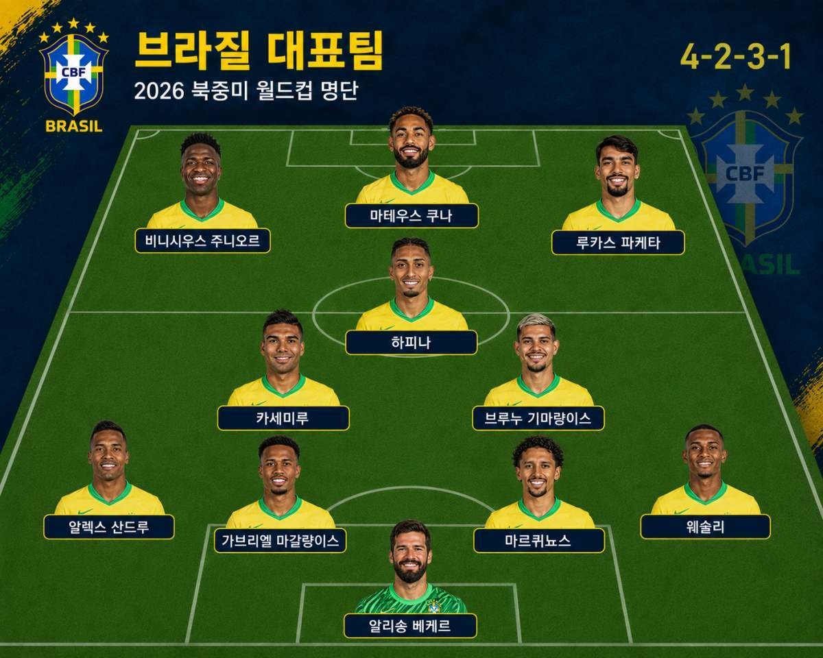 2026 북중미 월드컵 브라질 대표팀 예상 선발 라인업. 오른쪽 윙어는 루이스 엔히키(제니트)가 나설 수 있음. / 위키트리