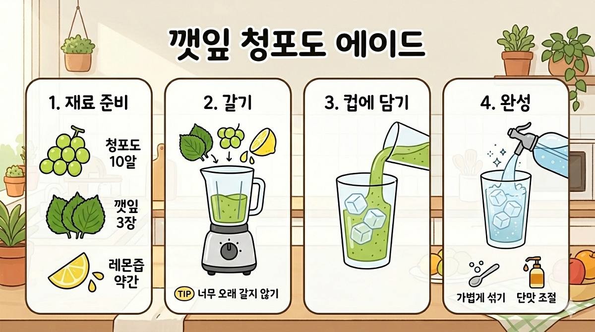 [삽화] 깻잎 청포도 에이드 레시피. AI 제작.
