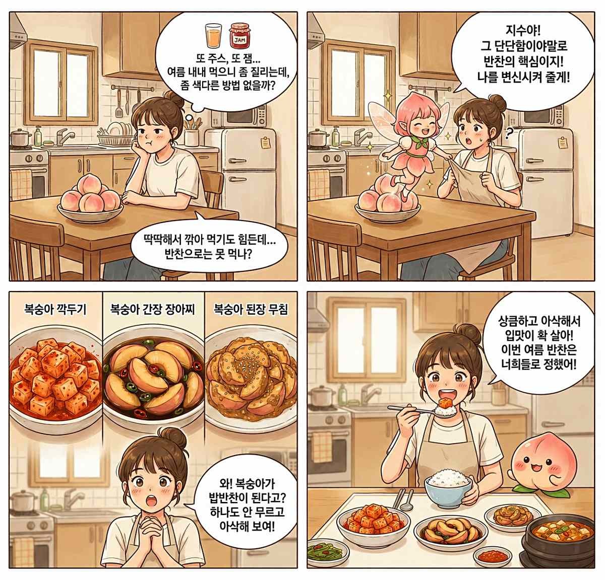 [만화] 단단한 복숭아로 만드는 반찬. AI 제작.