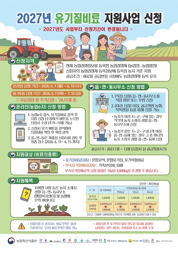 임실군, 2027년 공급 유기질비료 신청 접수 