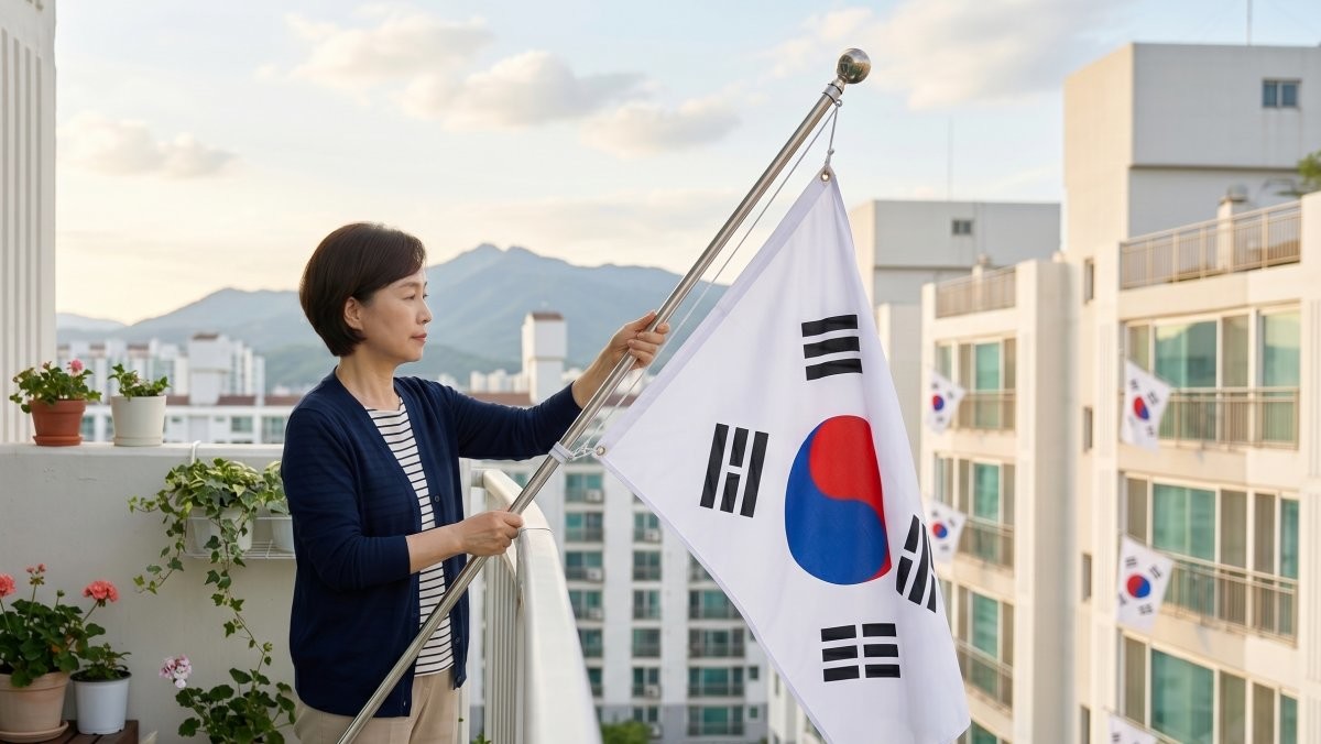 태극기를 게양하는 사람. AI가 생성한 자료사진.