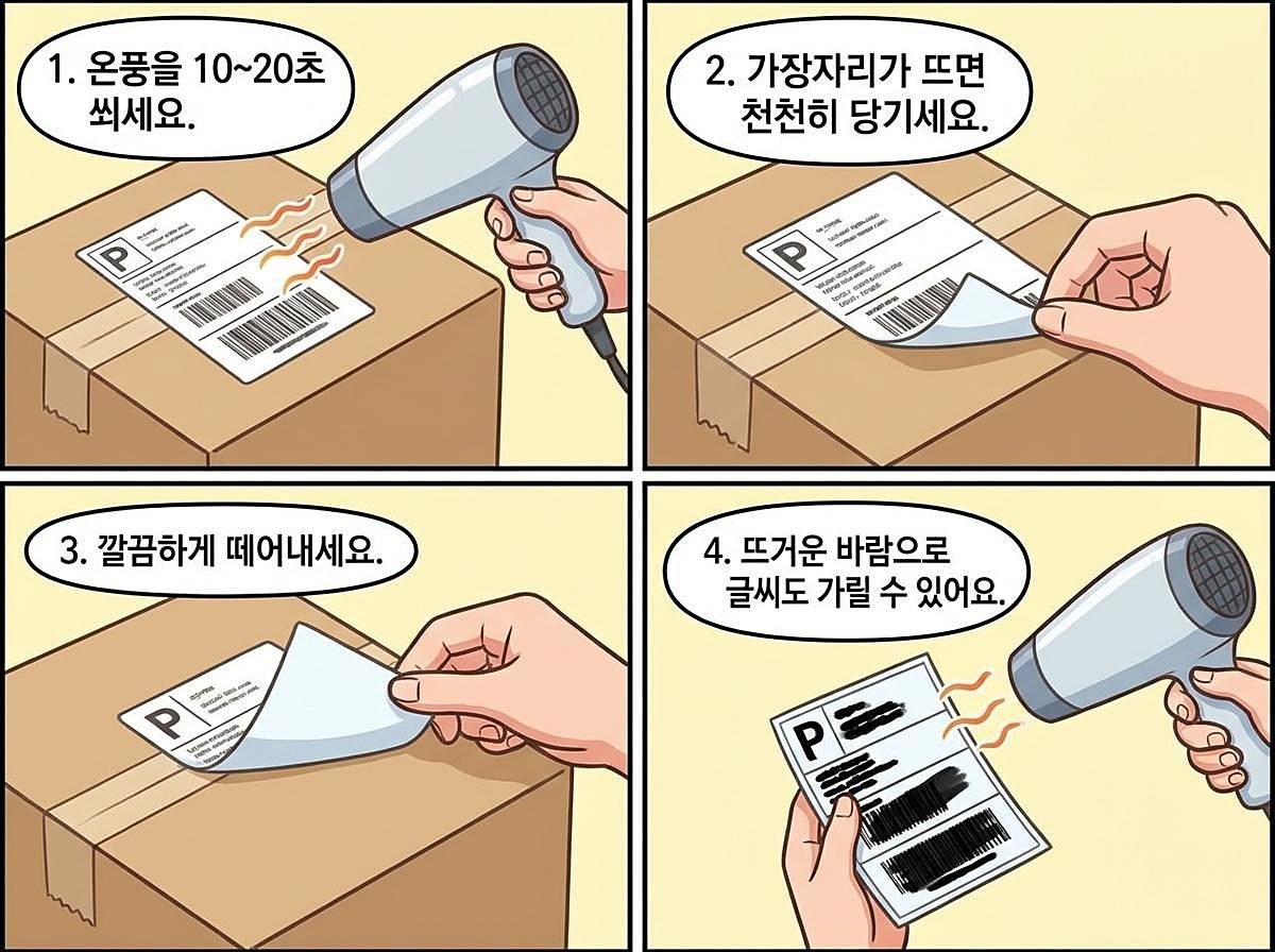 [만화] 헤어드라이어로 운송장을 떼어낸다. AI 제작.