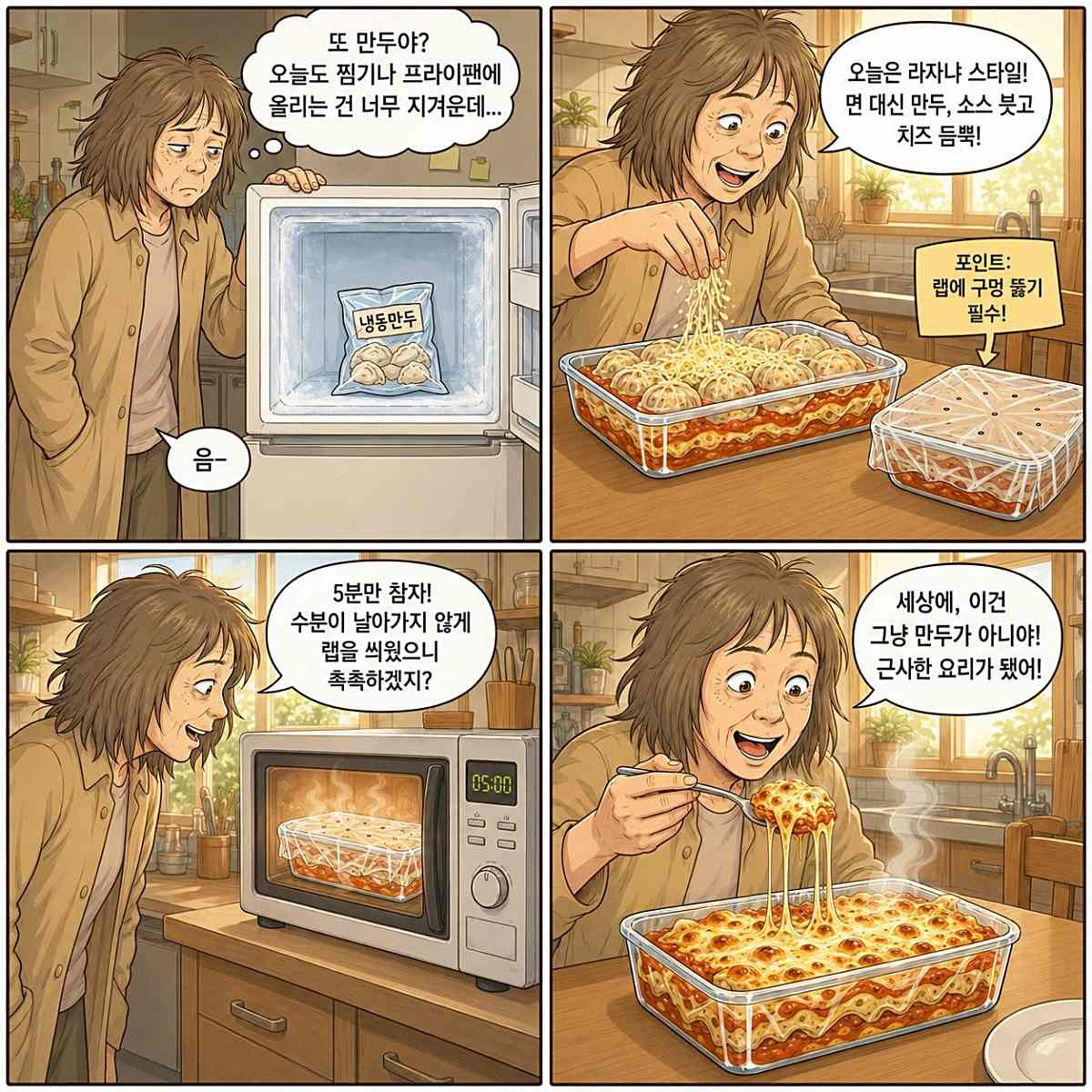 [만화] 냉동만두 라자냐. AI 제작.