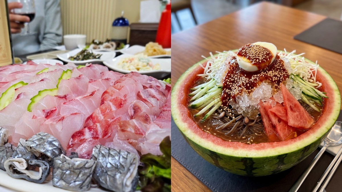 민어횟집 네이버 플레이스 업체 등록 사진(왼쪽), 기사의 이해를 돕기 위한 수박 냉면 AI 생성 이미지(오른쪽0