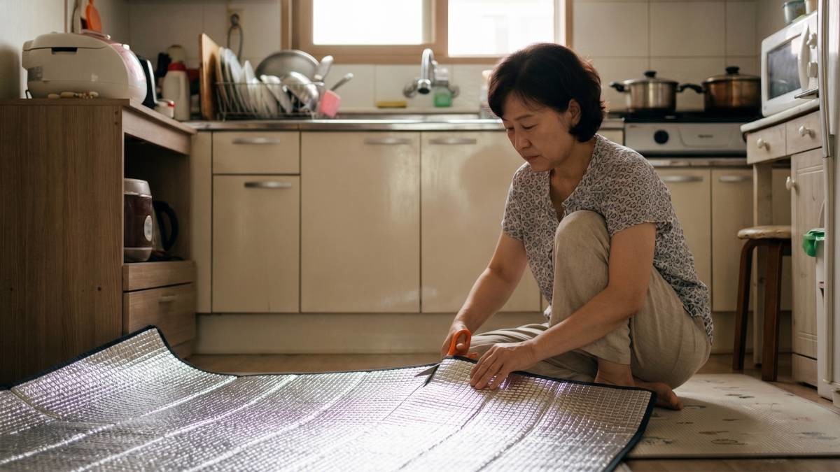 집에서 안 쓰는 은박 돗자리 자르기. 기사 내용 토대로 AI툴 활용해 제작한 자료사진.