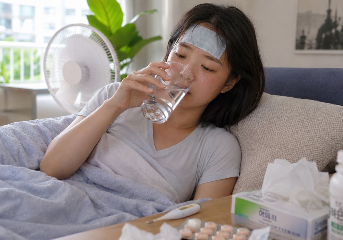 여름철 감기에 걸린 여성이 수분 보충을 위해 물을 마시는 모습. 기사 이해를 돕기 위해 AI를 활용해 제작한 자료 사진