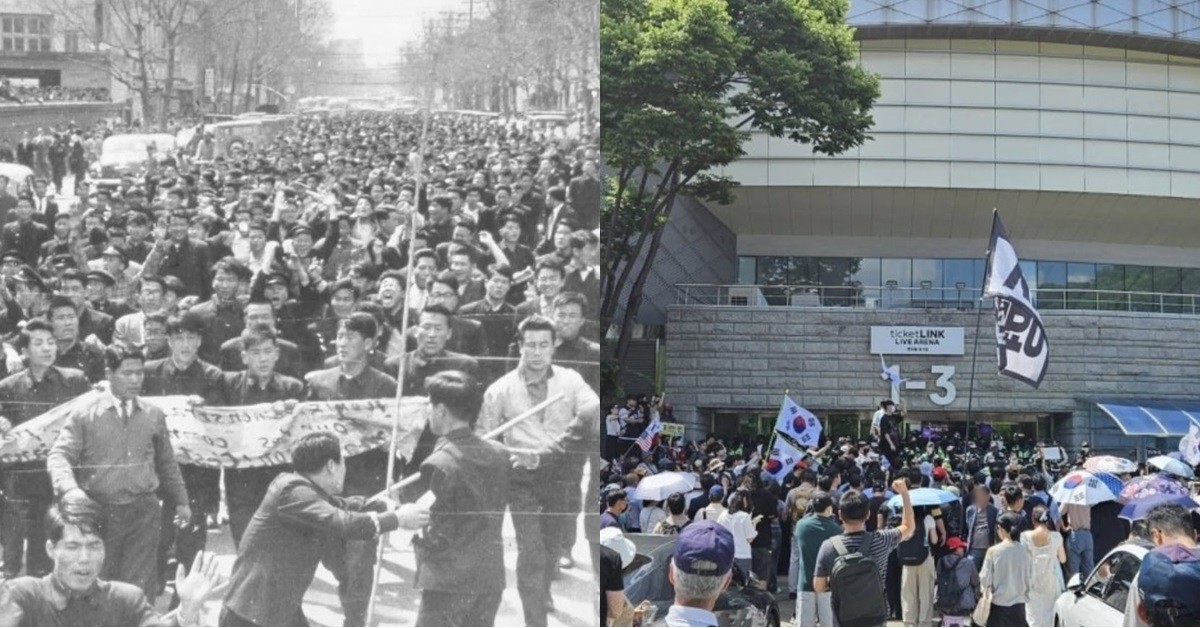 한국사 강사 최태성 씨가 9일 인스타그램에 올린 사진 2장. 왼쪽이 1960년 4.19 혁명, 오른쪽이 2026년 잠실 시위 모습이다. 최태성 강사는 9일 인스타그램에 올린 글에서 '1960년 일어난 4.19 혁명의 역사를 우리는 잘 알고 있다. 그런데 2026년 대한민국에서 백주대낮에 참정권이 침해됐다. 민주주의의 가장 기본적 원칙이 심각하게 훼손됐다. 투표 용지가 부족해 투표를 못하는 나라가 됐다'라고 밝혔다. 이어 '믿어지지 않는다. 진상 규명, 책임 규명, 대안 제시가 전광석화처럼 이뤄져야 한다. 이 상황을 심각하게 받아들여야 한다. 느리면 안 된다'라고 강조했다.