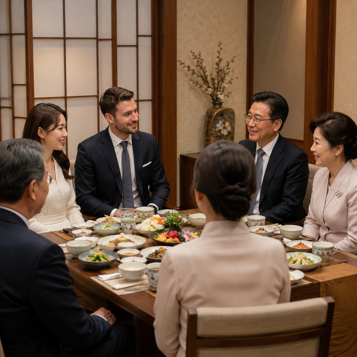 결혼 전 양가 가족이 만나 인사를 나누는 한국의 상견례 문화. / AI가 생성한 자료사진