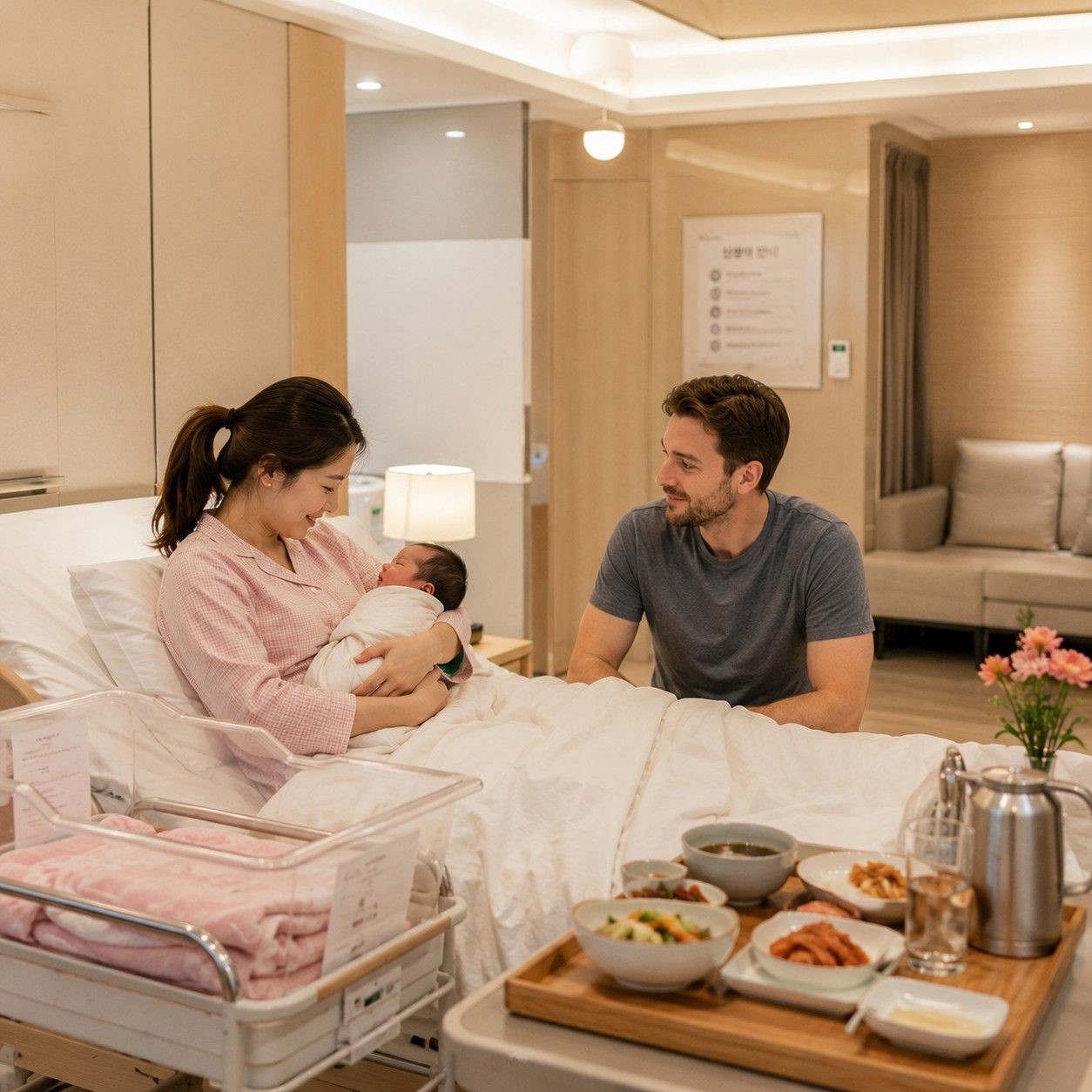 출산 후 산후조리원에서 회복과 육아 교육을 받는 부부의 모습. / AI가 생성한 자료사진