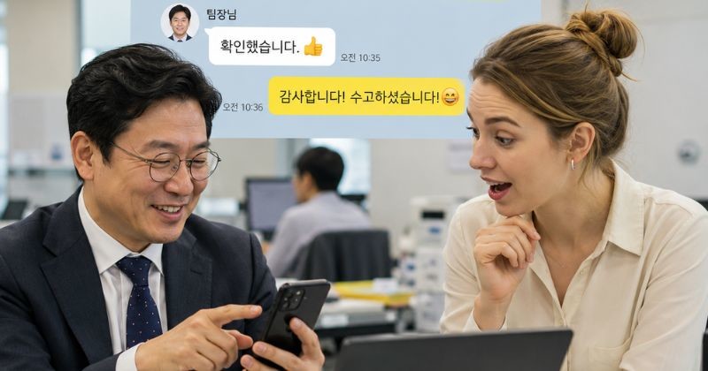 한국에서는 직급과 관계없이 이모티콘을 활용해 부드럽게 소통하는 경우가 많다. / AI가 생성한 자료사진